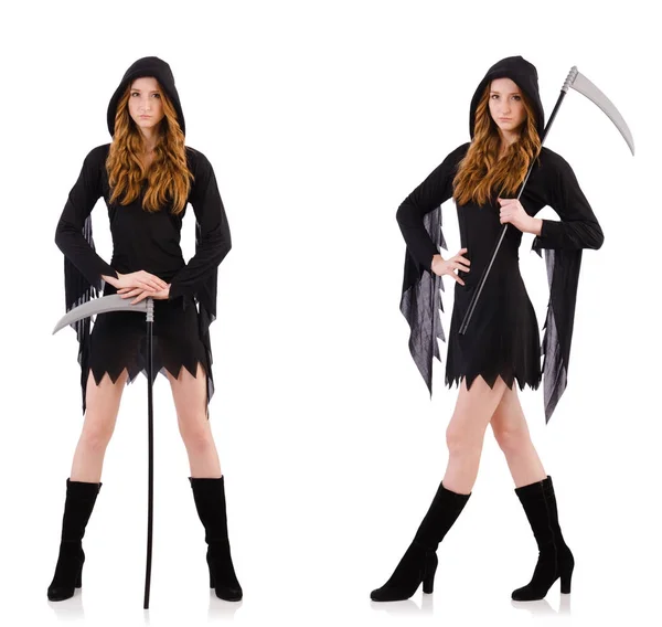 Young witch with scythe isolated on white — Stock Photo, Image