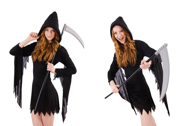 Young witch with scythe isolated on white — Stock Photo, Image