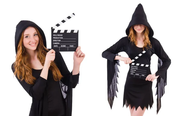 Cute witch with movie board isolated on white — Stock Photo, Image