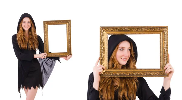 Mignonne sorcière avec cadre photo isolée sur blanc — Photo