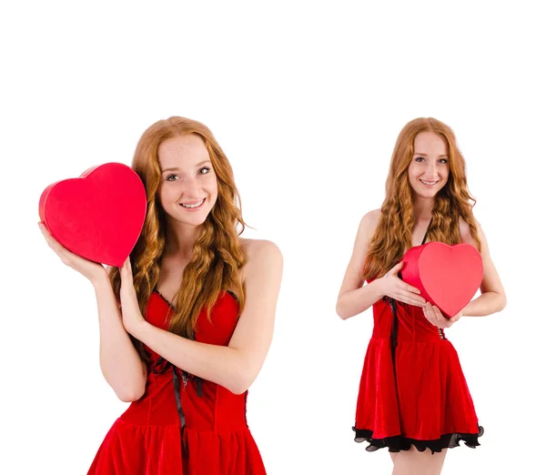 Young girl in red dress with  heart casket isolated on white — Stock Photo, Image
