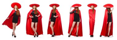 Kırmızı elbiseli Meksikalı kadın beyaz üzerine