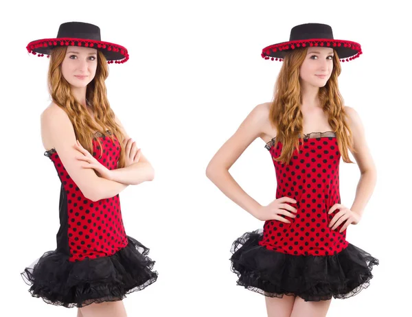 Chica pelirroja joven en vestido de lunares y sombrero aislado en —  Fotos de Stock