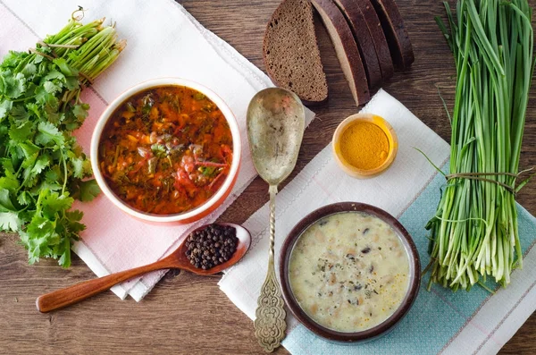 Borschtsch und Pilzsuppe auf dem Tisch — Stockfoto