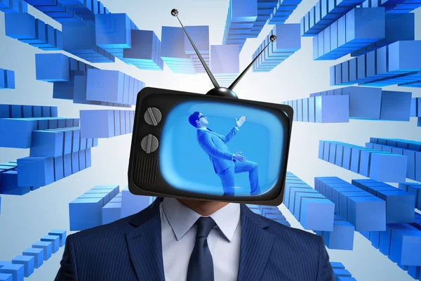 Man with television head in tv addiction concept