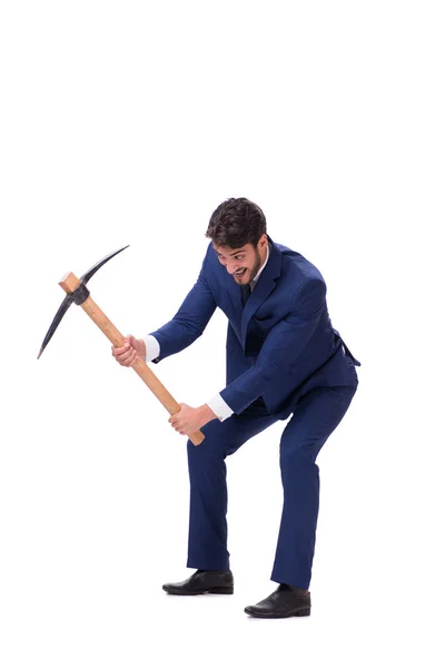 Joven hombre de negocios con hacha aislada en blanco — Foto de Stock