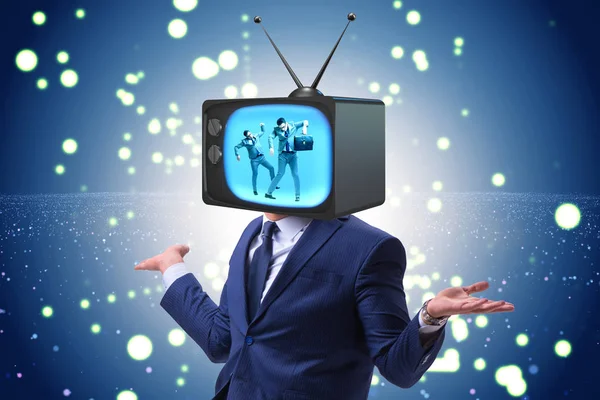 Man with television head in tv addiction concept