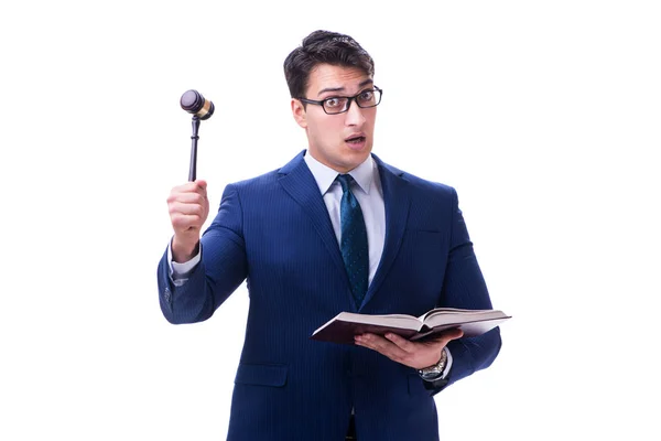 Advocaat rechtenstudent met een hamer geïsoleerd op witte achtergrond — Stockfoto