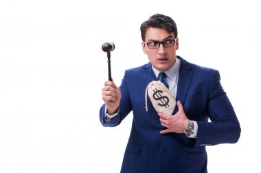 Beyaz izole avukat bir tokmak ve kötü bir paran para ile