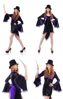 Güzel kız mor karnaval giyim ve üzerinde beyaz izole şapka
