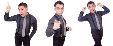 Genç bir adam üzerinde beyaz izole takım elbise