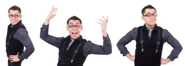 Genç bir adam üzerinde beyaz izole takım elbise