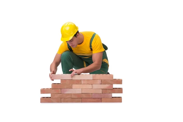 Hezký stavební dělník stavět cihlovou zeď — Stock fotografie