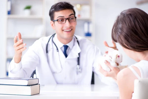 Donna con animale domestico coniglio visita medico veterinario — Foto Stock