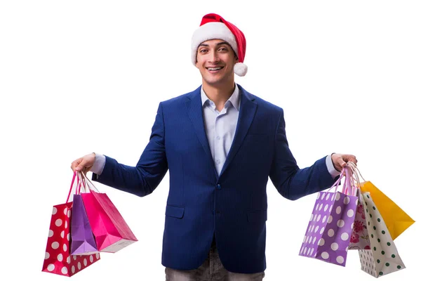 Jovem com sacos após o Natal compras em fundo branco — Fotografia de Stock