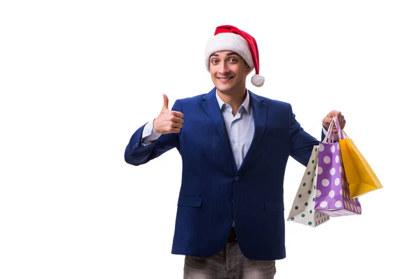 Jovem com sacos após o Natal compras em fundo branco — Fotografia de Stock