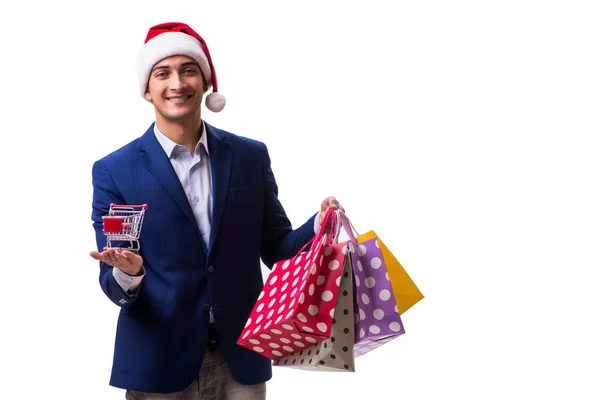 Young man with bags after christmas shopping on white background — Stock Photo, Image