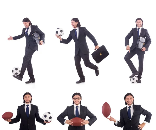 Homem com futebol isolado em branco — Fotografia de Stock