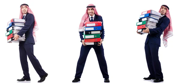 Hombre de negocios árabe con muchas carpetas en blanco — Foto de Stock