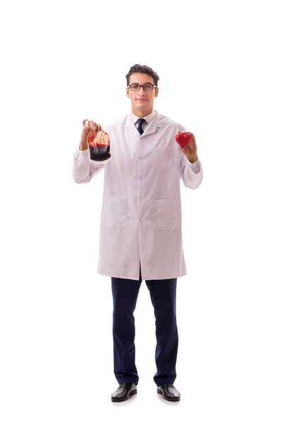 Doutor em doação de sangue conceito isolado em branco — Fotografia de Stock