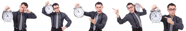 Lustiger Geschäftsmann mit weißer Uhr — Stockfoto