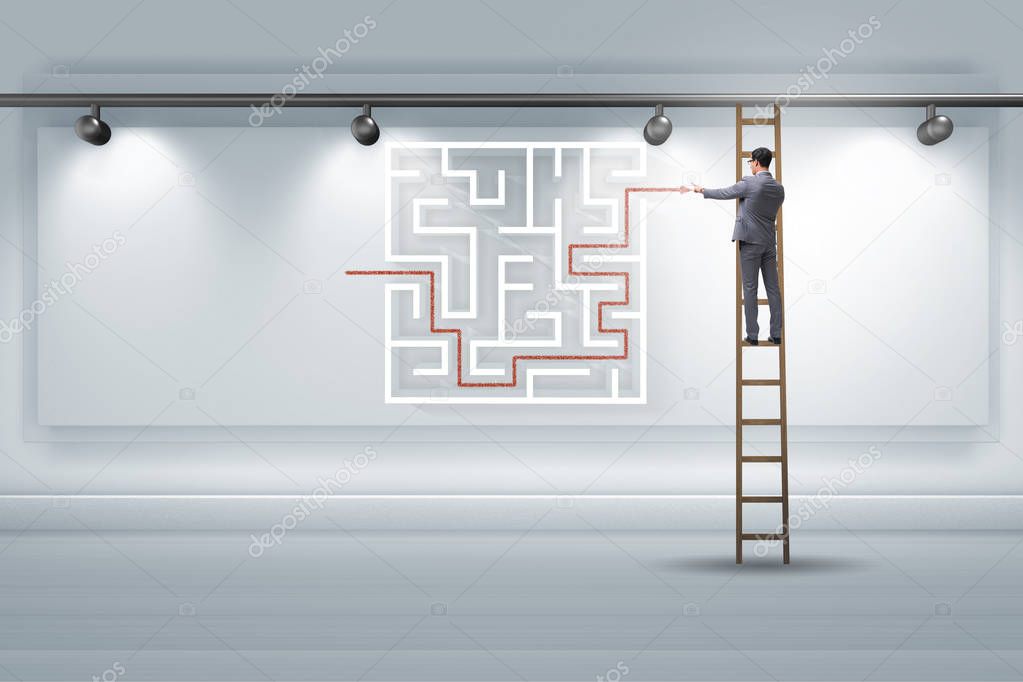 Businessman is looking for ways to escape from maze labyrinth