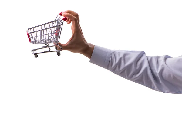 Hand holding shopping cart isolated on white — Stock Photo, Image