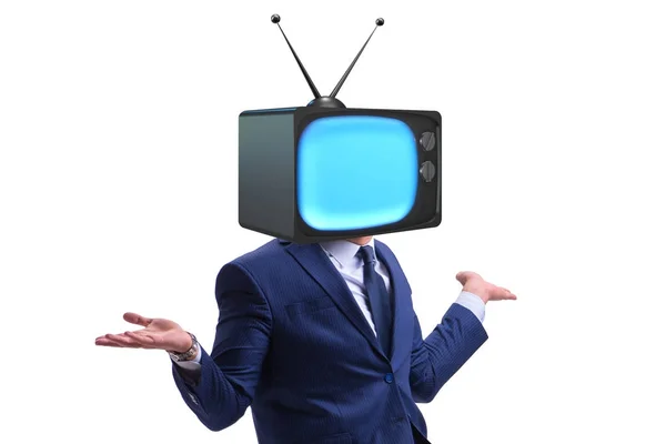 テレビ中毒の概念でテレビの頭を持つ男 — ストック写真