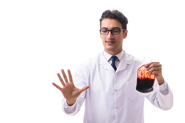 Doutor em doação de sangue conceito isolado em branco — Fotografia de Stock