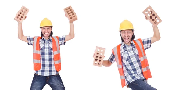 Constructor con ladrillos de arcilla aislados en blanco —  Fotos de Stock