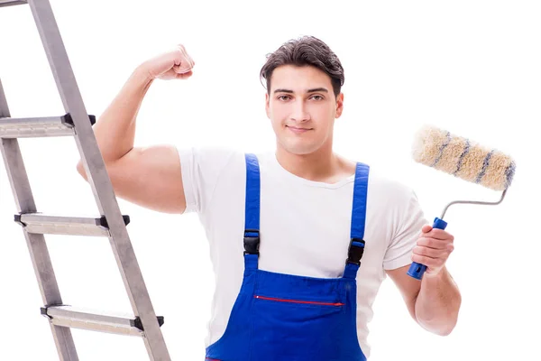 Joven pintor con escalera aislada sobre fondo blanco — Foto de Stock