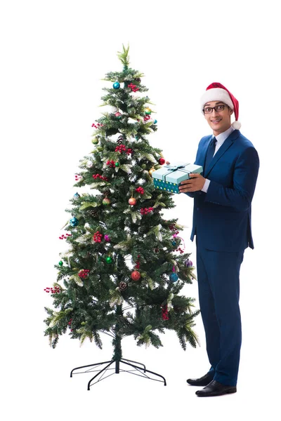 Businessman decorating christmas tree isolated on white — Stock Photo, Image