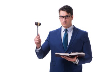 Beyaz arka planda tokmağı olan avukat hukuk öğrencisi.