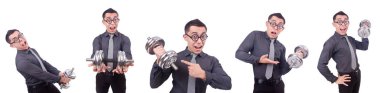beyaz izole dumbbells ile komik iş adamı