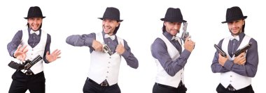 Silahlı bir adam beyazın üzerinde izole edilmiş.