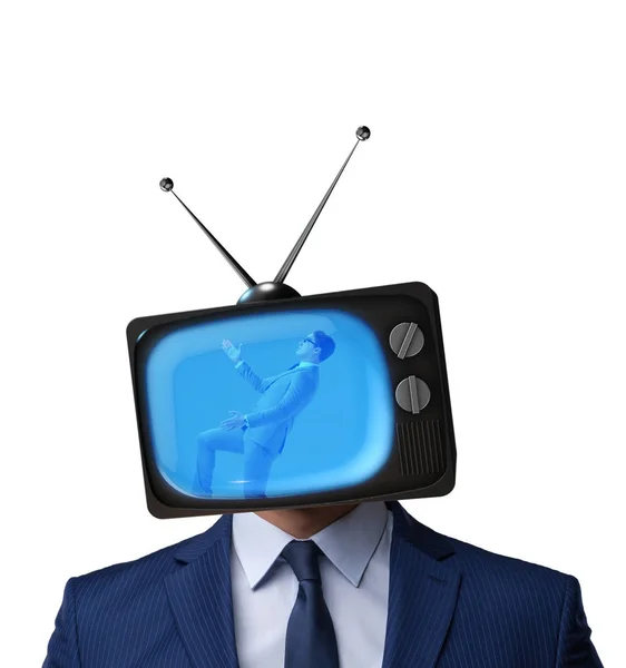 Muž s televizní hlavou v televizní závislosti koncept — Stock fotografie