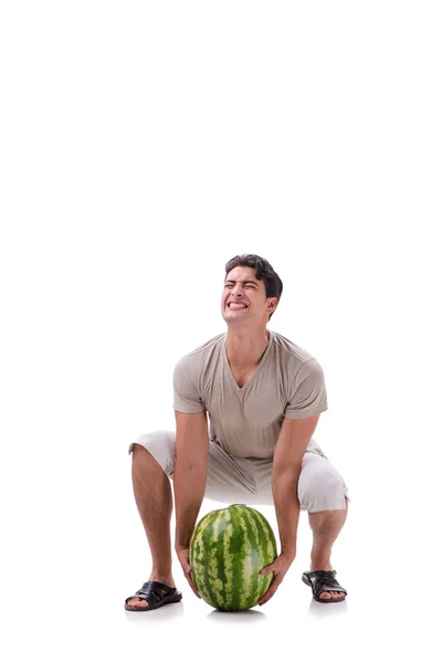 Young man with watermelon isolated on white — Stock Photo, Image