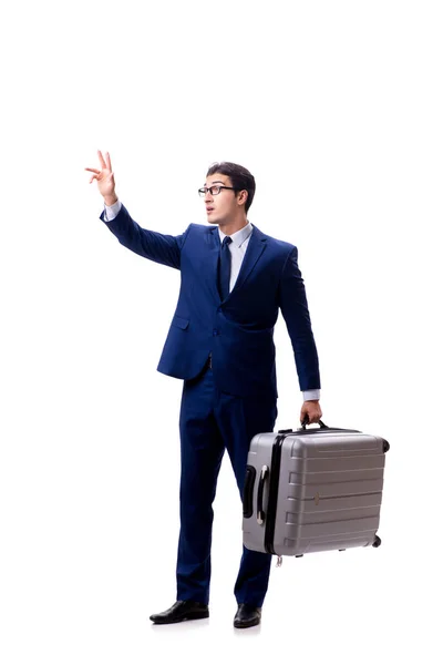 Young businessman with suitcase isolated on white background — Stock Photo, Image