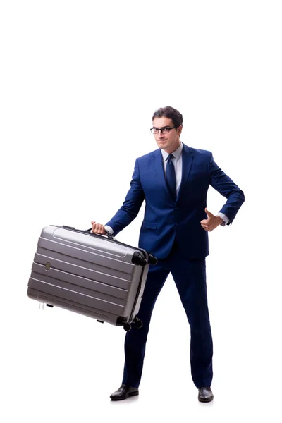 Young businessman with suitcase isolated on white background — Stock Photo, Image