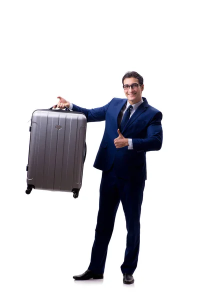 Jovem empresário com mala isolada em fundo branco — Fotografia de Stock