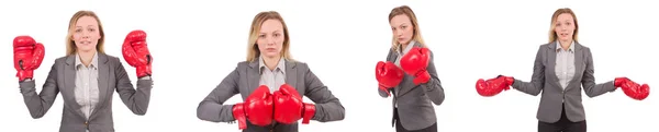 Woman businesswoman with boxing gloves on white — Stock Photo, Image