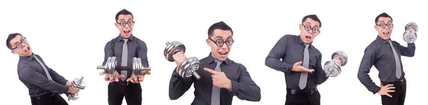 Funny businessman with dumbbells isolated on white — Stock Photo, Image