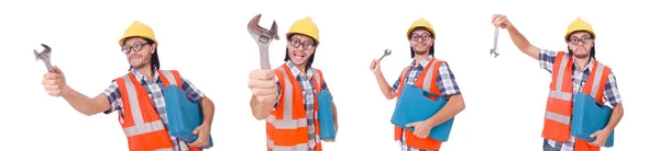 Funny joven trabajador de la construcción con caja de herramientas y llave aislada —  Fotos de Stock