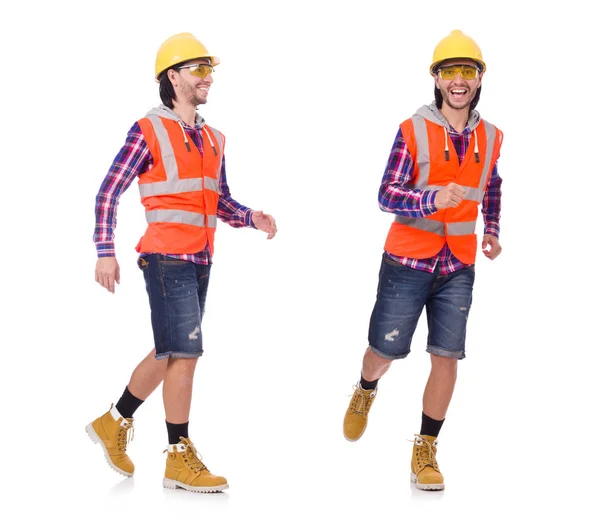 Caminar joven trabajador de la construcción aislado en blanco — Foto de Stock