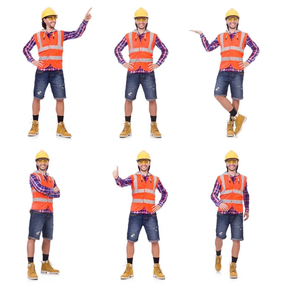 Young construction worker pressing vurtual button isolated on wh — Stock Photo, Image