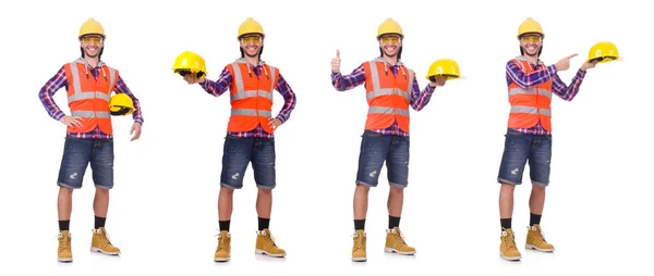 Joven trabajador de la construcción en casco y calzoncillos aislados en blanco — Foto de Stock