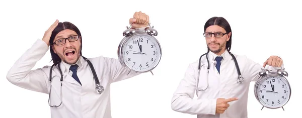 Hombre doctor con reloj aislado en blanco — Foto de Stock