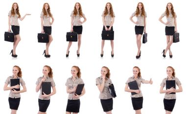 Genç ve güzel çalışan beyaz izole evrak çantası ile