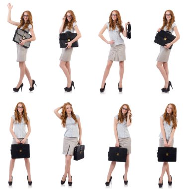 Genç ve güzel çalışan beyaz izole evrak çantası ile