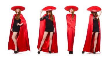 Kırmızı elbiseli Meksikalı kadın beyaz üzerine